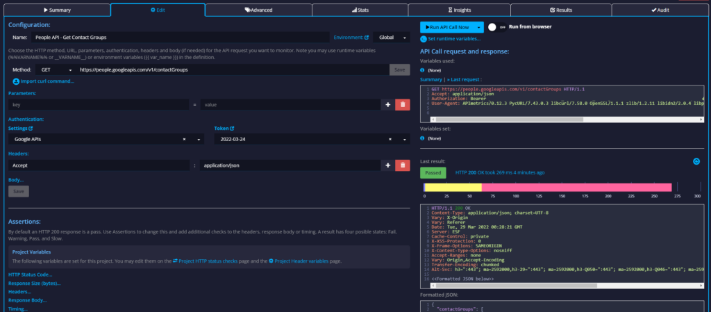 The API edit pane has changed a lot too. Here all the tools you need to create API calls and track performance and metrics are in one place, with tabs for key functionalities. Currently, the tabs are set to: Summary - this is evolving and will include places to store spec information and information about the hosting of the API, as well as tags, descriptions and notes Edit pane - including all assertions, triggers, the last result, and the option to run locally through your browser for debugging Advanced - settings for handling call retry and more Stats - the stats for the API Insights - AI driver insights Results - all the results in the same tab Audit - the change log for the API